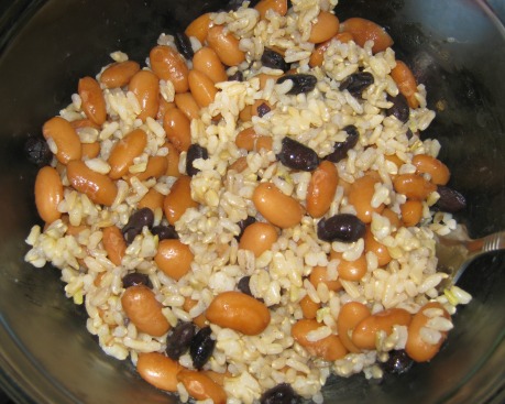 brown rice black beans and peruvian beans in a bowl