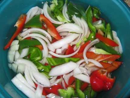 Bowl of bell peppers and onions