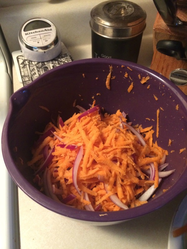 Shredded sweet potato and red onions
