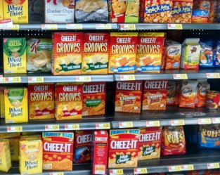 Shelf full of crackers and processed food