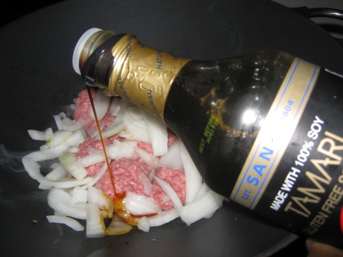 Tamari soy sauce, meatballs and onions