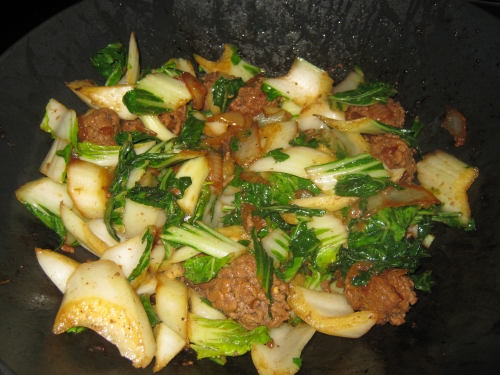 Finished bok choy, onions and meatballs