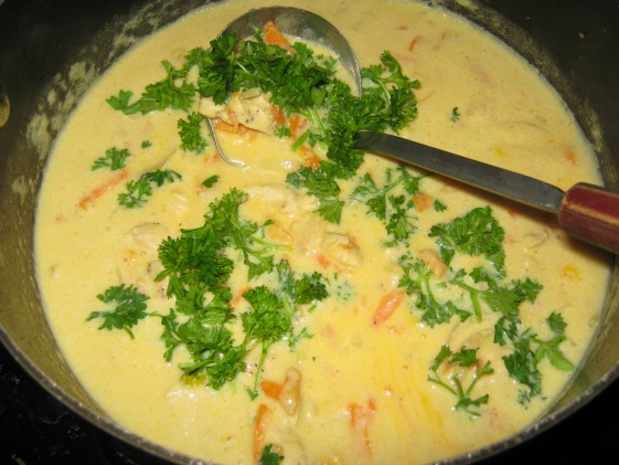 Pot filled with cheedar cheese chicken soup