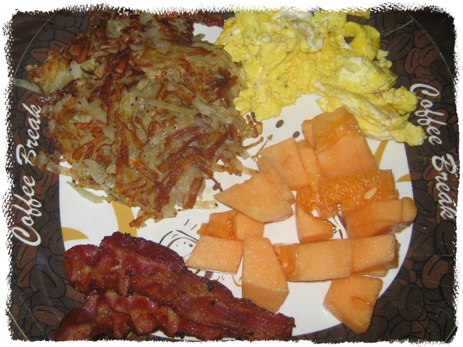 Canteloupe nitrate free bacon hash browns eggs