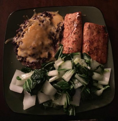 Sample hair loss nutrition meal containing bok choy, sockeye salmon, black beans and cheese.