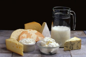 Cheese and milk on a table