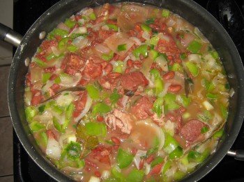 Red beans and rice cooking in a pan