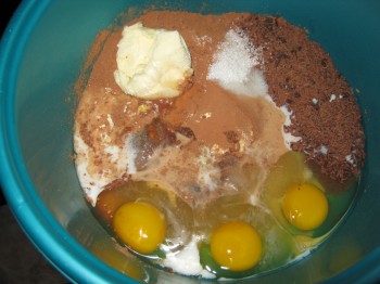 Unmixed brownie batter with eggs